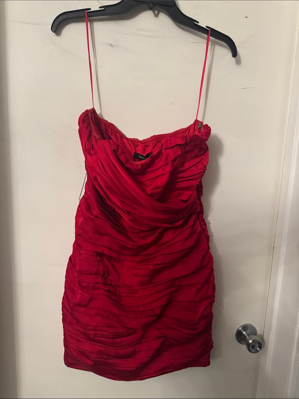 Express Red Ruched Spaghetti-Strap Mini Dress